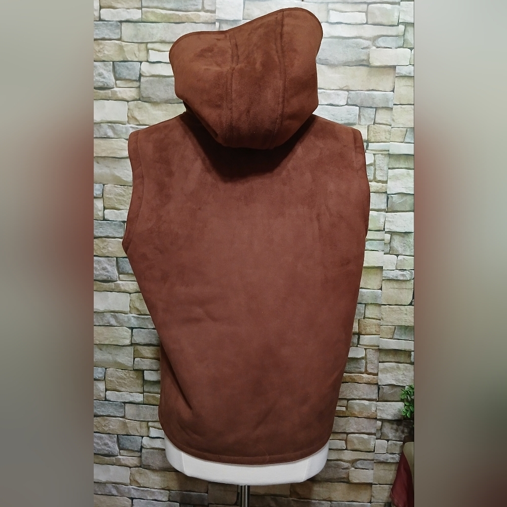 Lauren Ralph Lauren Brown Faux Suede Hooded Vest Sherpa Lining Large Cottagecore - Picture 3 of 5